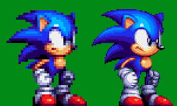 Size: 900x545 | Tagged: safe, artist:bennascar2, sonic the hedgehog, hedgehog, 2022, frown, green background, looking offscreen, pixel art, redraw, reference inset, simple background, solo, sonic uprising, sprite, standing