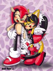 Size: 2544x3402 | Tagged: safe, artist:nonicpower, honey the cat, mighty the armadillo, armadillo, cat, 2023, blushing, duo, female, heart, heart background, holding hands, honey x mighty, male, shipping, sparkles, straight