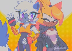 Size: 1599x1131 | Tagged: safe, artist:jade712b, tangle the lemur, whisper the wolf, lemur, wolf, 2025, blushing, duo, female, lesbian, shipping, standing, tangle x whisper, waving