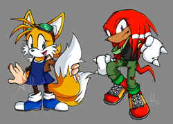 Size: 1176x842 | Tagged: safe, artist:allysonvalley, knuckles the echidna, miles "tails" prower, 2026, aviator jacket, blue shoes, clothes, dress, duo, eyewear on head, frown, gender swap, goggles, goggles on head, grey background, holding something, holding tail, jacket, looking at viewer, pants, signature, simple background, smile, standing, tank top