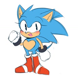 Size: 1330x1329 | Tagged: safe, artist:syrcaii, sonic the hedgehog, cat, hedgehog, hybrid, 2022, alternate universe, au:resonance, blushing, boots, classic sonic, clenched fists, cute, eyelashes, heart chest, mouth open, nonbinary, open smile, simple background, smile, smiling at viewer, solo, solo nonbinary, sonabetes, standing, white background