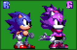 Size: 790x520 | Tagged: safe, artist:kursedskyzi, blaze the cat, sonic the hedgehog, 2026, alternate outfit, border, duo, green background, looking offscreen, no mouth, pixel art, simple background, sprite, standing