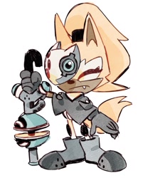 Size: 945x1175 | Tagged: safe, artist:maurofonseca, whisper the wolf, 2018, eyes closed, frown, holding something, one fang, simple background, solo, standing, white background