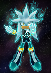 Size: 3496x4961 | Tagged: safe, artist:alexandrite-the-lynx, silver the hedgehog, hedgehog, 2017, clothes, flying, freckles, frown, lidded eyes, looking at viewer, mid-air, psychokinesis, solo, star (sky), trans female, trans girl silver, transgender