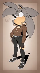 Size: 714x1280 | Tagged: safe, artist:argento, oc, oc:edge the hedgehog, hedgehog, 2019, aviator jacket, blushing, clothes, fingerless gloves, gloves, jacket, looking offscreen, male, mouth open, oc only, pants, shoes, signature, solo, solo male