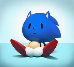 Size: 827x750 | Tagged: safe, artist:argento, sonic the hedgehog, hedgehog, 2016, cute, faux 3d, gradient background, lineless, looking offscreen, male, sitting, smile, solo, solo male, sonabetes, treads