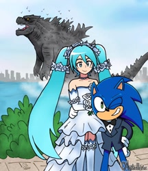 Size: 1243x1440 | Tagged: safe, artist:cmarshallartz, sonic the hedgehog, hedgehog, human, crossover, crossover shipping, dress, godzilla, hatsune miku, kaiju, marriage, sonic x miku, straight