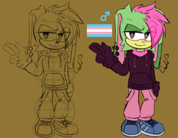 Size: 1800x1400 | Tagged: safe, artist:reinadecorazonez, oc, oc:argyle the rabbit, rabbit, 2023, brown background, clothes, dyed hair, eye clipping through hair, fankid, fingergun, hoodie, male, male symbol, oc only, pants, parent:vanilla, parent:vector, parents:vectilla, signature, simple background, solo, solo male, standing, trans male, trans pride, transgender