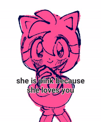Size: 1200x1450 | Tagged: safe, artist:toki504, amy rose, hedgehog, 2026, amybetes, cute, english text, female, flat colors, hands together, monochrome, pink, simple background, sketch, smile, solo, text, white background