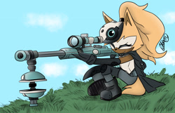 Size: 2048x1322 | Tagged: safe, artist:shishino-layla, whisper the wolf, wolf, 2026, abstract background, clothes, clouds, daytime, eyes closed, female, grass, gun, holding something, outdoors, signature, sitting, smile, sniper rifle, solo