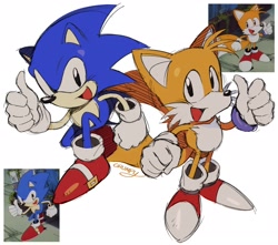 Size: 2048x1813 | Tagged: safe, artist:chronocrump, miles "tails" prower, sonic the hedgehog, fox, hedgehog, sonic the ova, 2026, double thumbs up, duo, male, mouth open, open smile, redraw, reference inset, signature, simple background, standing, thumbs up, white background