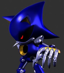 Size: 848x968 | Tagged: safe, artist:ultb3d, metal sonic, 2026, 3d, agender, black sclera, checkered background, looking offscreen, robot, solo, solo agender, standing
