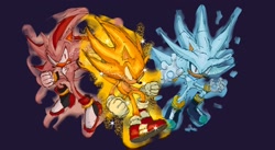 Size: 2048x1126 | Tagged: safe, artist:simplyblaidix, shadow the hedgehog, silver the hedgehog, sonic the hedgehog, super shadow, super sonic, hedgehog, 2026, aura, flying, male, mid-air, purple background, simple background, sparkles, super form, super silver, trio