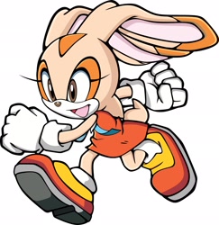 Size: 1988x2048 | Tagged: safe, artist:2ghighspeed, cream the rabbit, rabbit, 2026, alternate version, female, looking offscreen, mouth open, open smile, running, simple background, smile, solo, style emulation, uekawa style, white background
