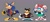 Size: 2048x902 | Tagged: safe, artist:theteyoman, bearenger the grizzly, carrotia the rabbit, falke wulf, bear, rabbit, wolf, 2026, bow, clothes, female, flat colors, frown, grey background, hair bow, lidded eyes, looking offscreen, male, modern style, simple background, smile, team witchcarter, trio, waving