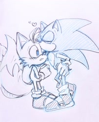 Size: 1666x2048 | Tagged: safe, artist:ntna7xa, miles "tails" prower, sonic the hedgehog, 2026, age difference, blushing, duo, eyes closed, gay, heart, kiss, kiss on head, line art, male, monochrome, mouth open, shipping, simple background, sonic x tails, traditional media, white background
