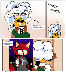 Size: 1800x2000 | Tagged: safe, artist:quaverdraws, gadget the wolf, lanolin the sheep, sheep, wolf, 2025, bag, clothes, comic, cup, dialogue, drink, duo, english text, female, gadget x lanolin, glasses, holding something, hot drink, house, male, nighttime, opening door, shipping, shirt, speech bubble, straight, tired, wound