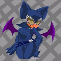 Size: 2048x2048 | Tagged: safe, artist:artangelo381341, rouge the bat, 2026, abstract background, belt, bodysuit, catwoman, claws, cosplay, crossover, crossover cosplay, dc comics, female, goggles, hand on hip, looking at viewer, smile, smiling at viewer, solo, standing