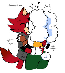 Size: 1800x2000 | Tagged: safe, artist:quaverdraws, gadget the wolf, lanolin the sheep, sheep, wolf, 2025, clothes, dialogue, duo, english text, female, gadget x lanolin, glasses, heart, hugging, kiss, male, shipping, shirt, speech bubble, straight, white background, wound