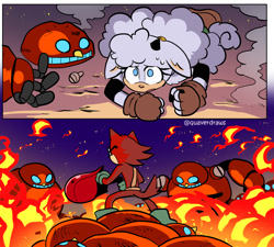 Size: 2000x1800 | Tagged: safe, artist:quaverdraws, gadget the wolf, lanolin the sheep, sheep, wolf, 2025, comic, destroyed robot, duo focus, female, fight, fighting, fire, gadget x lanolin, glasses, group, looking at them, male, nighttime, shipping, straight, sweatdrop, weapon, wispon