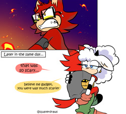 Size: 2000x1800 | Tagged: safe, artist:quaverdraws, gadget the wolf, lanolin the sheep, sheep, wolf, 2025, carrying them, clothes, comic, dialogue, duo, english text, female, fight, fighting, fire, gadget x lanolin, glasses, holding something, hugging, male, nighttime, shipping, shirt, speech bubble, straight, sweatdrop, walking