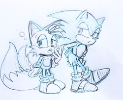 Size: 2048x1670 | Tagged: safe, artist:ntna7xa, miles "tails" prower, sonic the hedgehog, 2026, duo, frown, lidded eyes, line art, looking away, looking offscreen, male, monochrome, mouth open, simple background, standing, white background, yawning