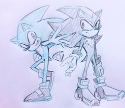 Size: 2048x1758 | Tagged: safe, artist:ntna7xa, shadow the hedgehog, sonic the hedgehog, hedgehog, 2026, chaos emerald, duo, frown, grey background, looking at viewer, looking offscreen, male, reaching out, reaching towards the viewer, simple background, smile, standing, standing on one leg