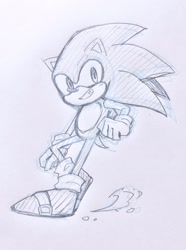 Size: 1520x2048 | Tagged: safe, artist:ntna7xa, sonic the hedgehog, hedgehog, 2026, clenched fist, dust clouds, grey background, looking at viewer, male, monochrome, simple background, sketch, skidding, smile, smiling at viewer, solo