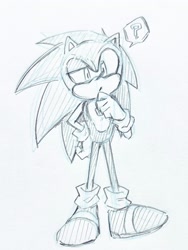 Size: 1536x2048 | Tagged: safe, artist:ntna7xa, sonic the hedgehog, hedgehog, 2025, confused, finger under chin, grey background, hand on hip, male, monochrome, mouth open, question mark, simple background, solo, standing