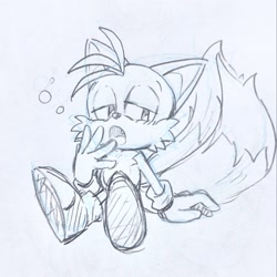 Size: 2047x2048 | Tagged: safe, artist:ntna7xa, miles "tails" prower, fox, 2025, blushing, grey background, lidded eyes, line art, male, monochrome, mouth open, one fang, simple background, sitting, solo, tired, treads, yawning