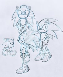 Size: 1670x2048 | Tagged: safe, artist:ntna7xa, sonic the hedgehog, hedgehog, 2025, classic sonic, grey background, hand on hip, line art, looking at viewer, looking offscreen, male, monochrome, running, simple background, sketch page, smile, solo, standing, super peel-out