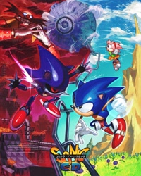 Size: 1639x2048 | Tagged: safe, artist:kornart3, amy rose, metal sonic, robotnik, sonic the hedgehog, human, sonic cd, 2026, abstract background, agender, bad future, black sclera, blue sky, chain, classic amy, classic metal sonic, classic robotnik, classic sonic, clenched fists, clouds, daytime, female, fight, fire, flame, flower, grass, group, hands together, little planet, male, mid-air, mountain, outdoors, pipe, poster, red sky, robot, stardust speedway, text, two sides