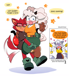 Size: 2000x2200 | Tagged: safe, artist:quaverdraws, gadget the wolf, lanolin the sheep, tangle the lemur, lemur, sheep, wolf, 2025, carrying them, clothes, comic, dialogue, english text, female, gadget x lanolin, glasses, heart, male, shipping, shirt, speech bubble, star (symbol), straight, tears, tears of happiness, trio, weapon, wispon