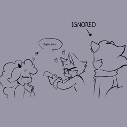 Size: 1407x1407 | Tagged: safe, artist:quaverdraws, gadget the wolf, lanolin the sheep, cat, sheep, wolf, 2025, black and white, comic, dialogue, duo the cat, english text, female, gadget x lanolin, glasses, heart, holding something, male, paper, paperwork, scarf, shipping, speech bubble, standing, straight, trio