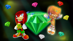 Size: 5333x3000 | Tagged: safe, knuckles the echidna, pachacamac, tikal, animals, animals d, chaos emerald, chaos emeralds, clothing, cowboy hat, cute, fashion swap, half dre, half dressed cartoon animal, innocent, knuckles' hat, knux, knuxikal, master emerald, naked, outfit swap, shorts, style swap, tikal t, unclothed