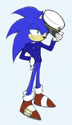 Size: 1080x1862 | Tagged: safe, artist:wgzdi, sonic the hedgehog, the murder of sonic the hedgehog, 2026, hat, holding something, lidded eyes, simple background, smile, solo, standing