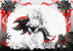 Size: 800x564 | Tagged: semi-grimdark, artist:waaii132299, maria robotnik, shadow the hedgehog, human, sonic x shadow generations, 2025, animated, blood, crying, doom's eye, eyes closed, flower, greyscale, gunshot wound, injured, lying on them, monochrome, shadow's logo, sitting, smile, spot color, tears, trio, webm