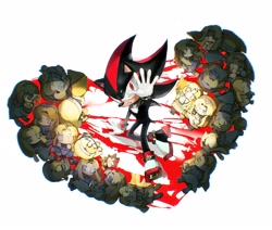 Size: 3104x2628 | Tagged: semi-grimdark, artist:waaii132299, maria robotnik, shadow the hedgehog, human, 2025, arm up, blood, character doll, group, looking at viewer, simple background, white background