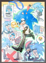 Size: 2485x3368 | Tagged: safe, artist:waaii132299, nicky, shadow the hedgehog, 2025, chair, character name, duo, emoji, eyes closed, fully clothed, glasses, holding something, looking at them, mouth open, pants, shirt, sonic the hedgehog (shogakukan), standing