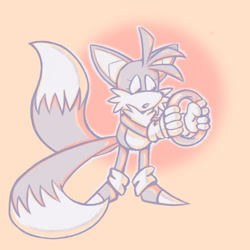Size: 1000x1000 | Tagged: safe, artist:prowerprojects, miles "tails" prower, 2023, eyelashes, gradient background, holding something, limited palette, looking at something, monochrome, nonbinary, nonbinary tails, outline, ring, solo, solo nonbinary, standing