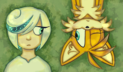 Size: 2048x1211 | Tagged: safe, artist:prowerprojects, miles "tails" prower, sage, sonic frontiers, 2025, duo, eyelashes, female, frown, grass, hair over one eye, looking at each other, nonbinary, nonbinary tails, one eye closed, sage x tails, shipping