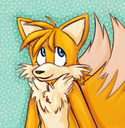 Size: 899x925 | Tagged: safe, artist:prowerprojects, miles "tails" prower, 2023, abstract background, aged up, eyelashes, nonbinary, nonbinary tails, smile, solo, solo nonbinary