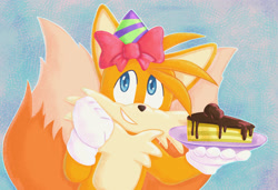 Size: 2048x1402 | Tagged: safe, artist:prowerprojects, miles "tails" prower, 2023, birthday, birthday hat, bow, cake, clenched fist, food, gradient background, holding something, looking at viewer, outline, party hat, plate, smile, smiling at viewer, solo, standing