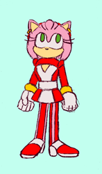 Size: 1206x2048 | Tagged: safe, artist:prowerprojects, amy rose, 2024, alternate outfit, alternate universe, au:roadtrip (prowerprojects), blue background, bodysuit, clenched fists, clothes, eyelashes, female, flat colors, front view, looking offscreen, looking up, no mouth, no pupils, simple background, sketch, solo