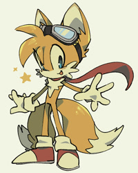 Size: 595x745 | Tagged: safe, artist:shadilver4ever, miles "tails" prower, 2025, alternate outfit, arms out, blushing, cute, ear fluff, eye clipping through hair, goggles, looking at viewer, male, mouth open, open smile, scarf, simple background, smile, smiling at viewer, solo, standing, star (symbol), tailabetes, white background