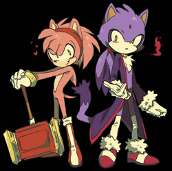 Size: 939x934 | Tagged: safe, artist:shadilver4ever, amy rose, blaze the cat, 2025, alternate outfit, amy x blaze, amybetes, black background, blazebetes, chest fluff, cute, duo, eye clipping through hair, gay, gender swap, heart, looking at viewer, male, mouth open, piko piko hammer, r63 shipping, shipping, simple background, smile