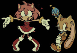 Size: 1092x750 | Tagged: safe, artist:shadilver4ever, amy rose, cheese (chao), cream the rabbit, chao, 2025, agender, amybetes, arms out, black background, blushing, cheeseabetes, creamabetes, cute, eyelashes, female, flying, heart, looking at viewer, mid-air, neutral chao, simple background, smile, smiling at viewer, standing, trio