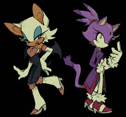 Size: 992x924 | Tagged: safe, artist:shadilver4ever, blaze the cat, rouge the bat, 2025, black background, blazebetes, cute, duo, eyelashes, female, fixing glove, frown, hand on hip, lidded eyes, looking at viewer, looking offscreen, rougabetes, simple background, smile, standing, standing on one leg