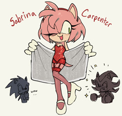 Size: 898x859 | Tagged: safe, artist:shadilver4ever, amy rose, shadow the hedgehog, sonic the hedgehog, ..., 2025, alternate outfit, amybetes, blushing, cleavage, dialogue, english text, eyelashes, female, garter, gloves, grey background, holding something, male, mary-janes, sabrina carpenter, shoes, simple background, smile, solo focus, sparkles, standing, standing on one leg, stockings, text, thigh high socks, trio, wink