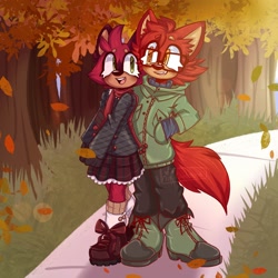 Size: 2048x2048 | Tagged: safe, artist:hippiecockatoo, barry the quokka, gadget the wolf, 2025, abstract background, arm around shoulders, autumn, barry x gadget, barryget, beanbrows, blushing, boots, clothes, coat, cute, duo, duo nonbinary, eyelashes, grass, hand in pocket, leaf, nonbinary, nonbinary barry, nonbinary gadget, nonbinary only, outdoors, pants, scarf, shipping, sidewalk, skirt, smile, standing, t4t, tree